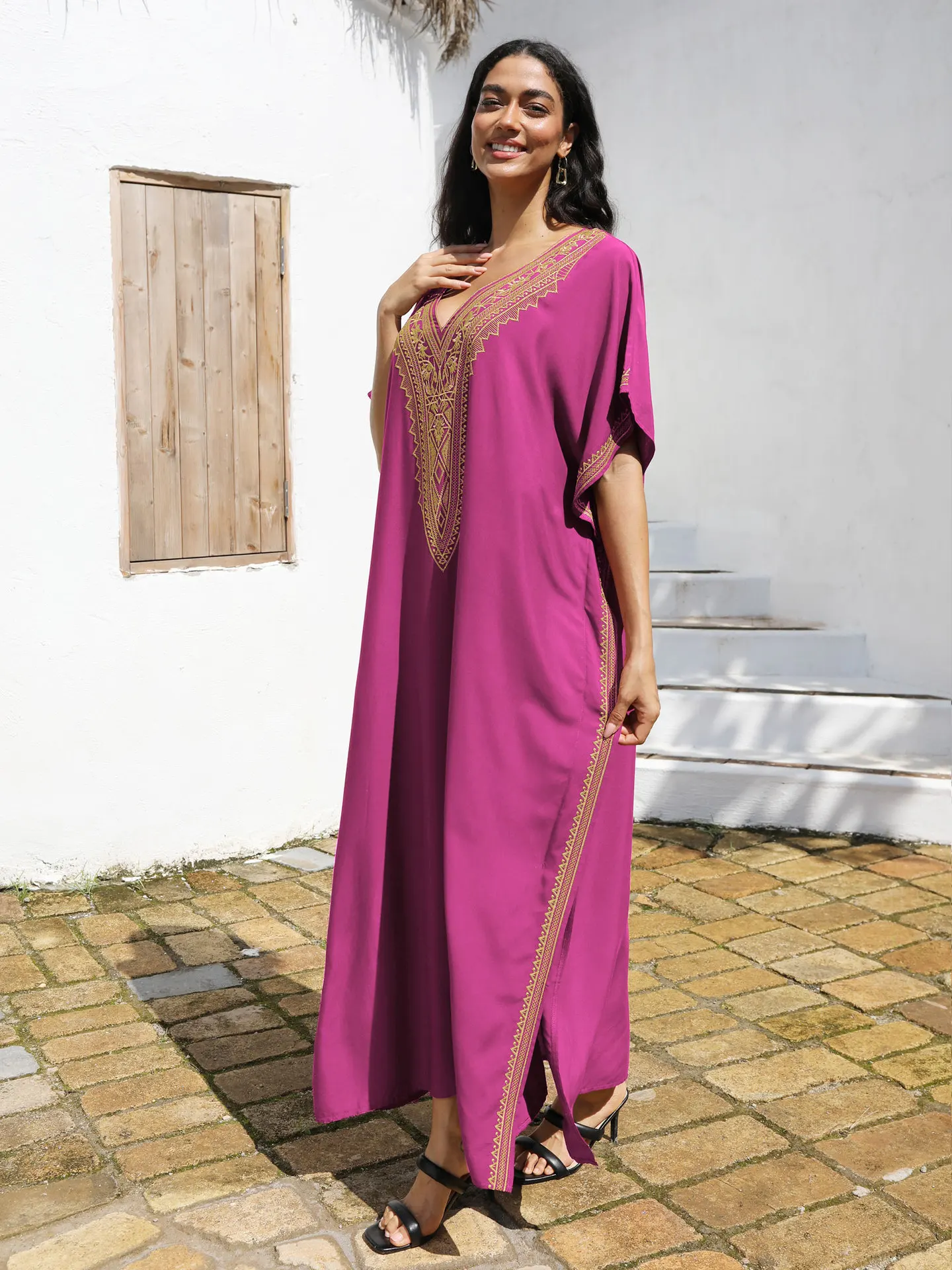 Women V Neck Embroidery Kaftan Dress Loose Casual Beach Cover Up Long Caftans Maxi Dresses