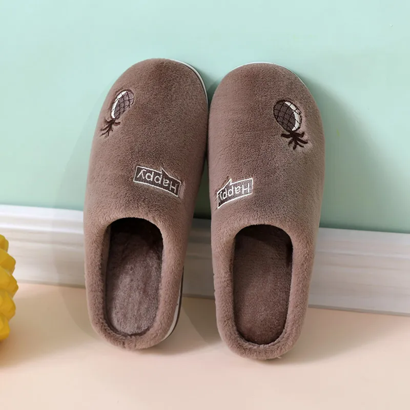 Women's Men's Warm Cotton House Fleece Cozy Non-slip Pineapple Pattern Couples Slippers Winter Soft Indoor Bedroom Couple Shoes