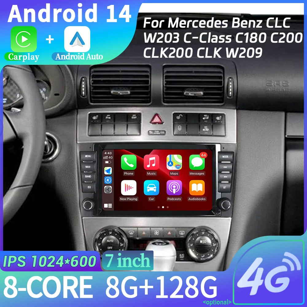 For Mercedes Benz CLC W203 C-Class C180 C200 CLK200 CLK W209 Wireless Android Carplay Multimedia Navigatio 2Din Head Unit Screen