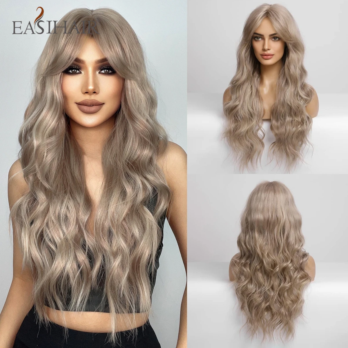 EASIHAIR Ash Blonde Long Water Wave Synthetic Wigs with Bang Light Brown Deep Wave Hair Wig for Women Daily Party Heat Resistant