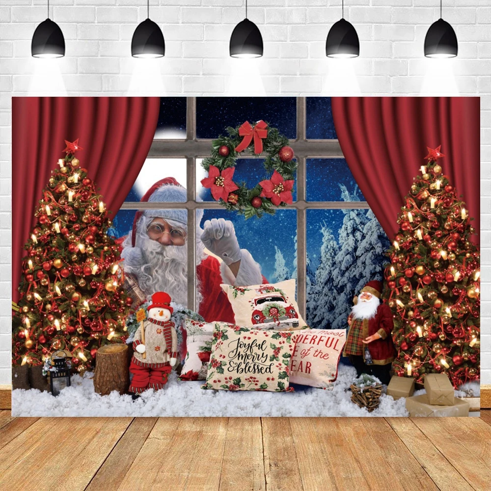 Christmas Backdrop for Photography Winter Christmas Tree Santa Claus Fireplace Wooden Window Kids Portrait Home Decor Background