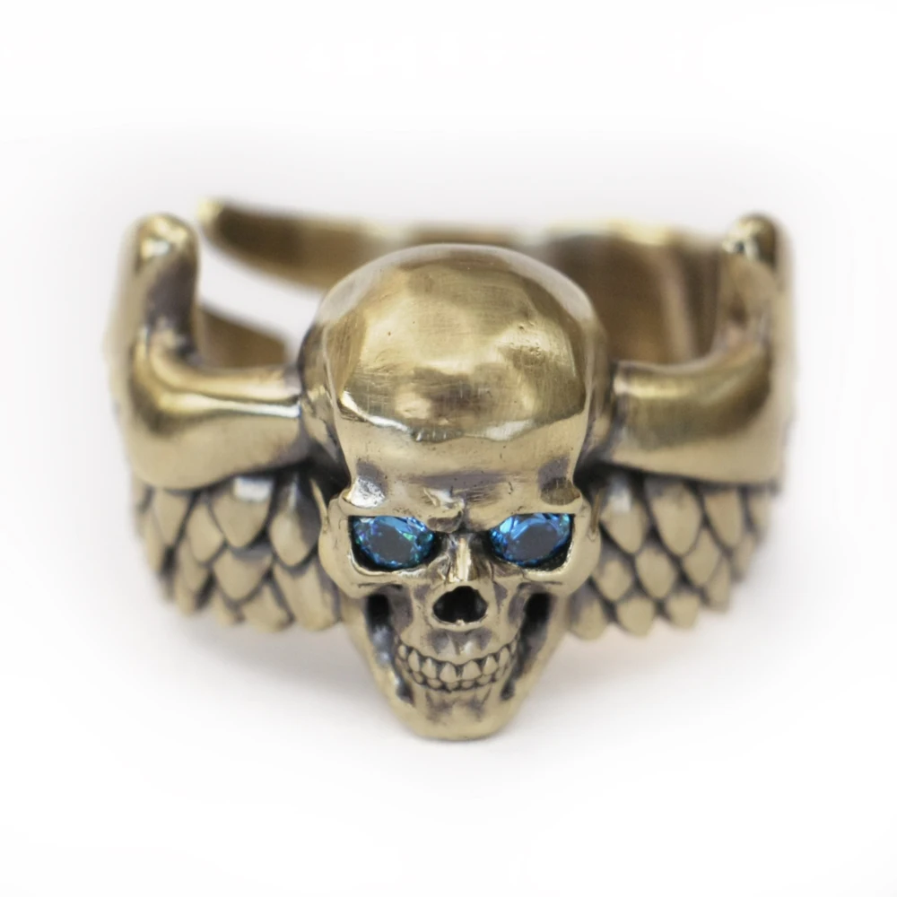 Blue CZ Eyes Brass Flying Skulls Wing Charms Ring BR446 US Size 6~15