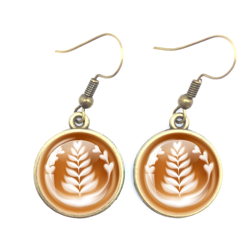 Coffee Latte Carving Love Heart Art New Glass Earrings Chocolate Printing Flower Four Leaf Clover Charm Jewelry For  Girls