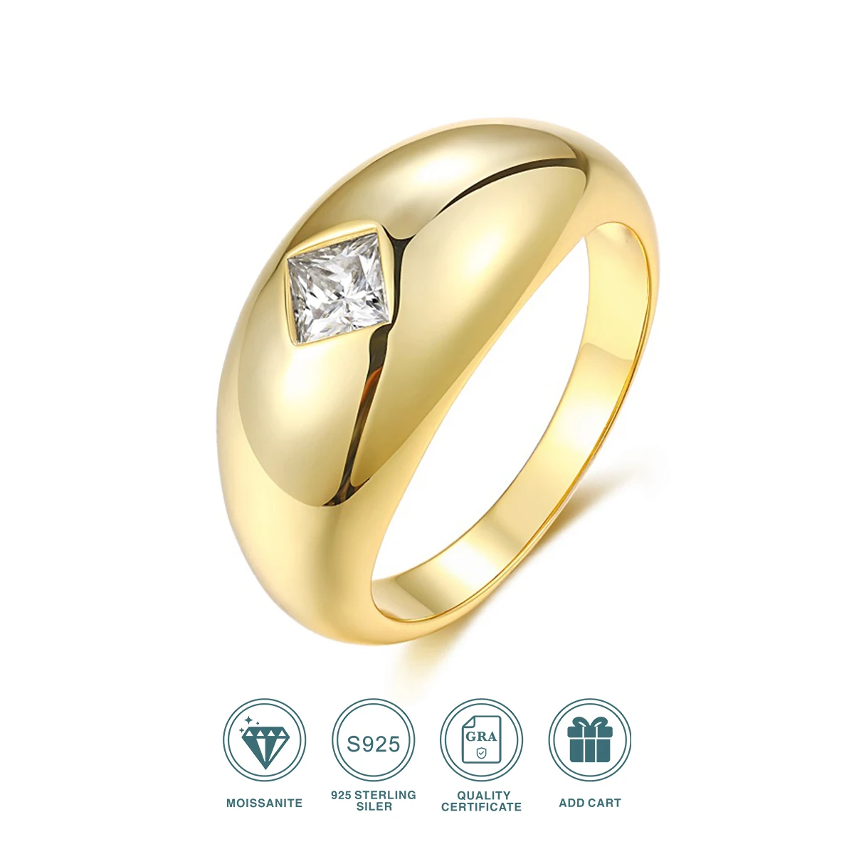 

JIUZUAN Moissanite Ring, 18K Gold Plated S925 Silver, Square Design, Hypoallergenic Minimalist Christmas Gift Jewelry for Women