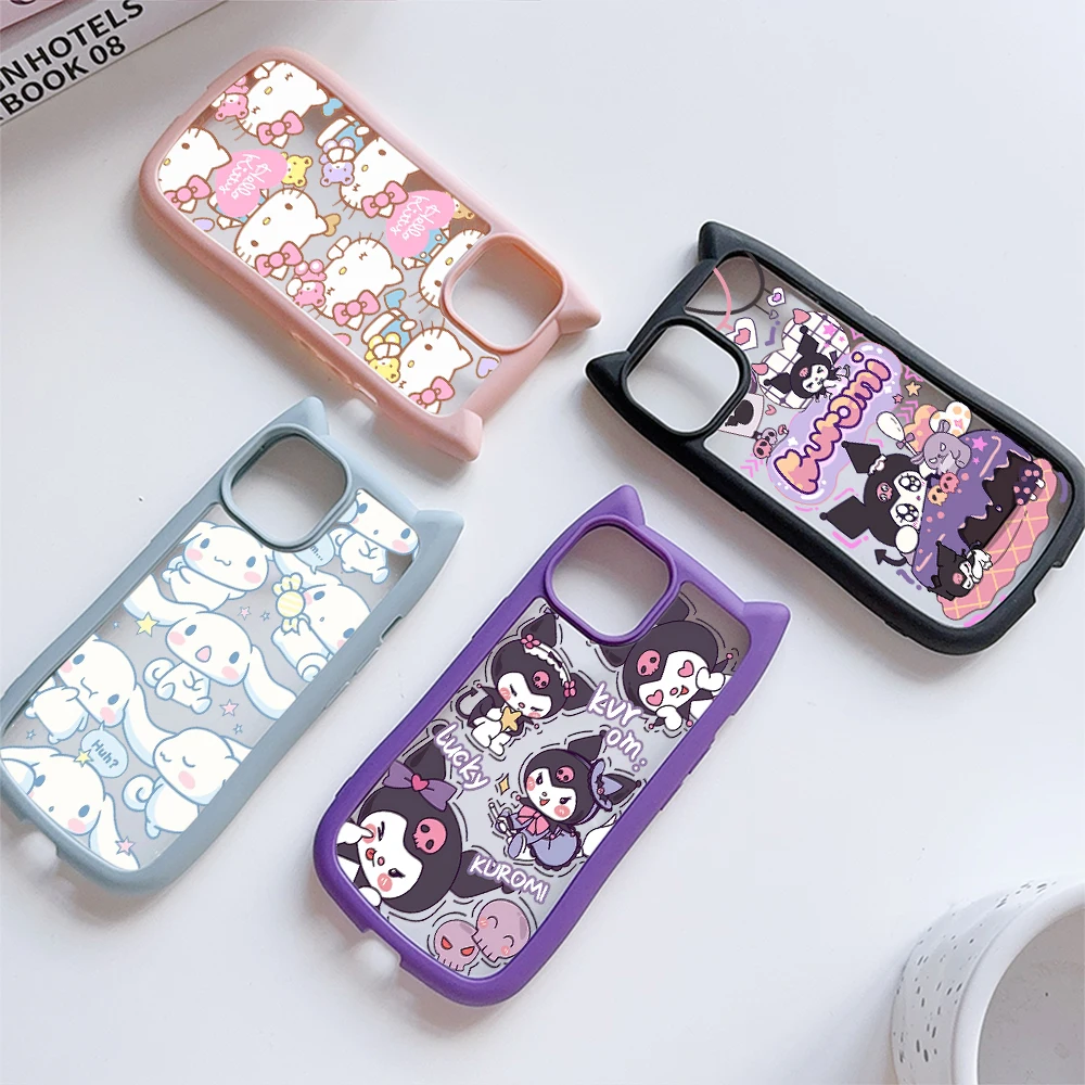 Sanrios Kuromis Cute Cat Ear Phone Case For iPhone 15 14 13 12 11 Pro Transparent Shockproof Hard Acrylic Soft Silicone Bumper