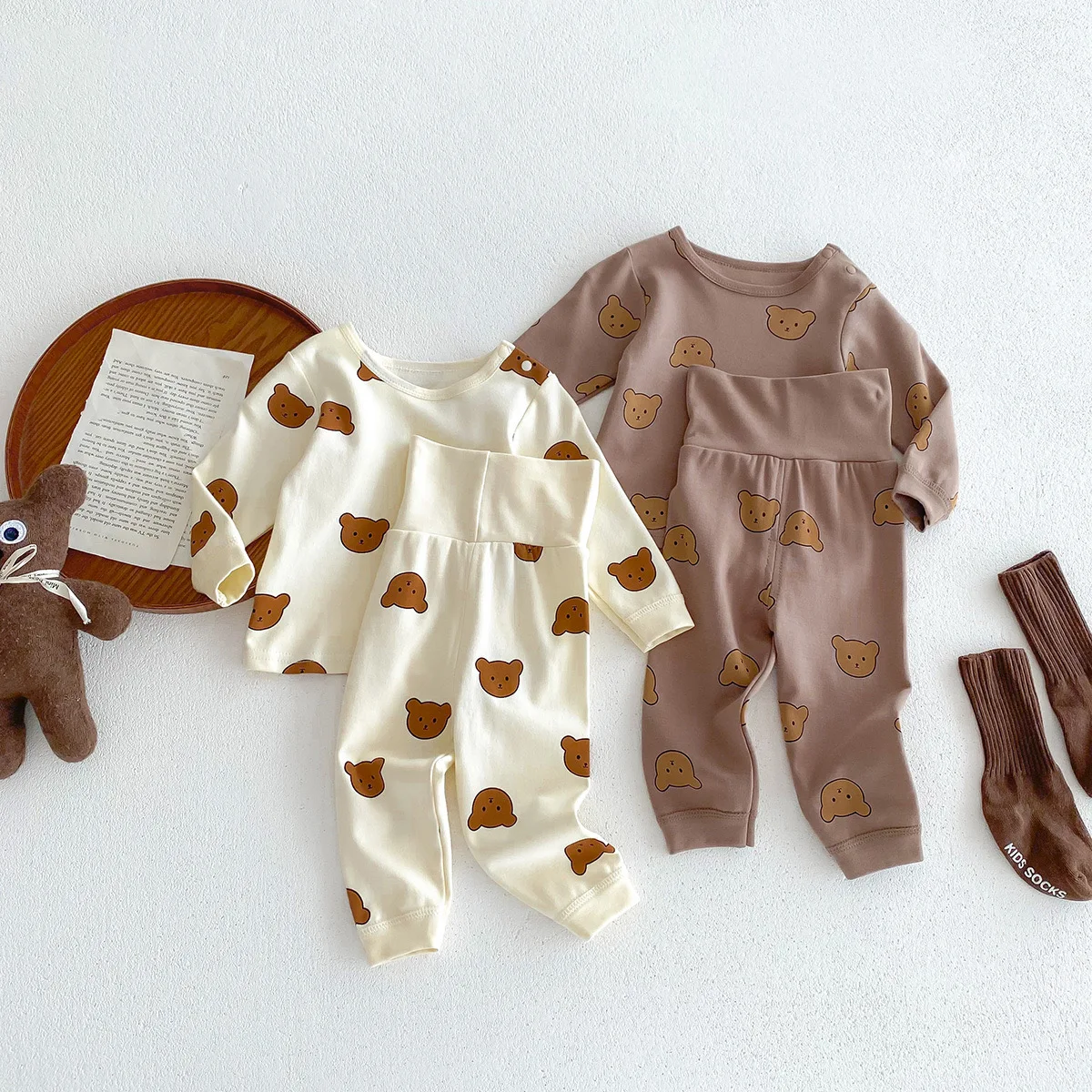 Baby Autumn Clothes Two-piece Cartoon Bear Print Underwear Korean Style Infant Boys Girls Home Wear Soft Cotton Pajamas Suits