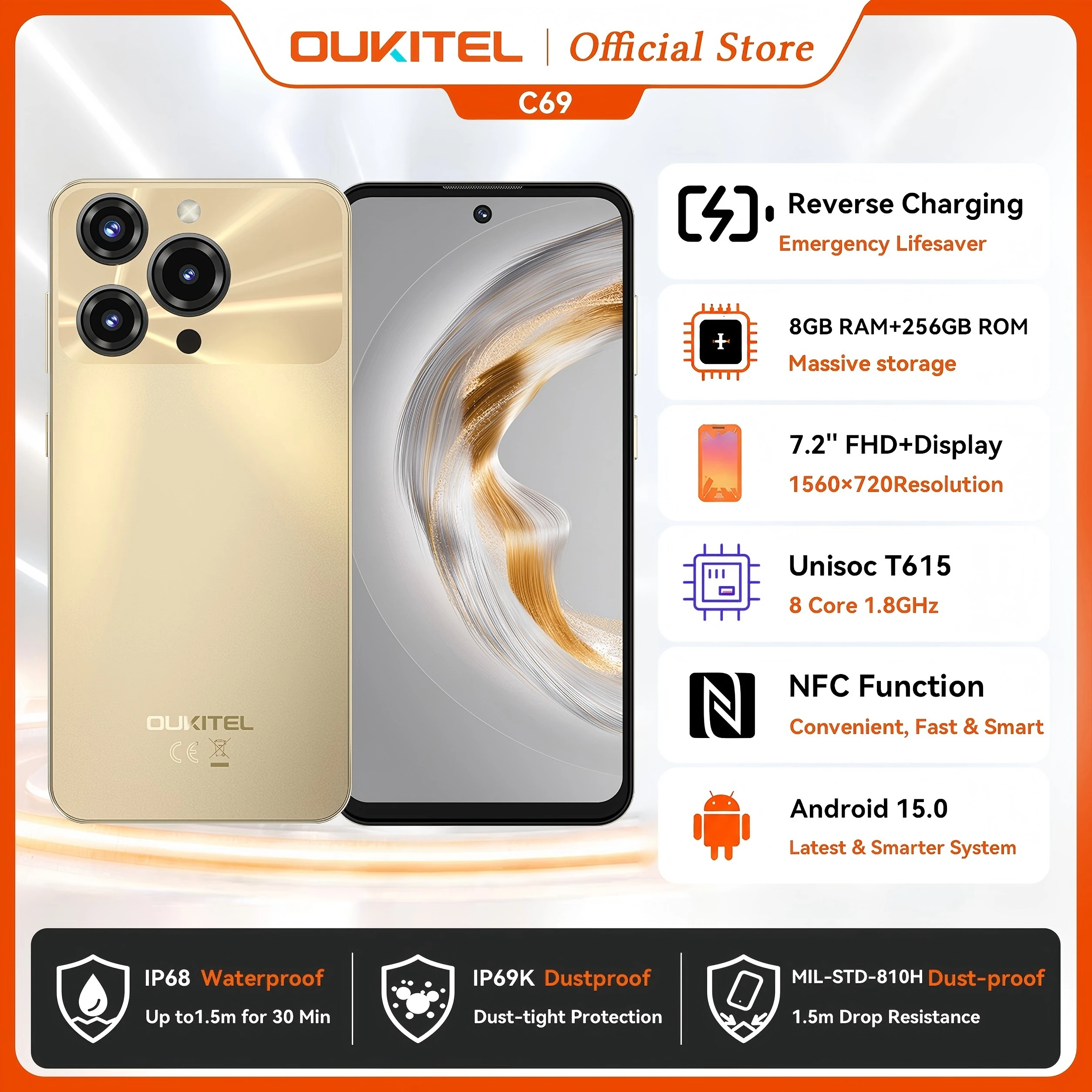 OUKITEL C69 Smartphone 6000mAh, 7.2” HD+ Large Screen 24GB(8+16)+256GB, 64MP Main Camera NFC Cellphone Android 15,120Hz,Dual 4G