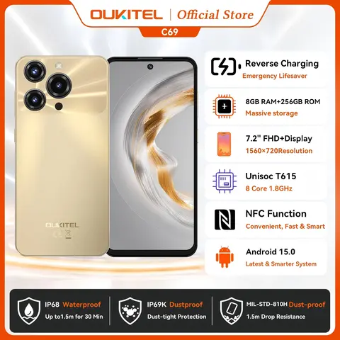 OUKITEL C69 Smartphone 6000mAh, 7.2” HD+ Large Screen 24GB(8+16)+256GB, 64MP Main Camera NFC Cellphone Android 15,120Hz,Dual 4G