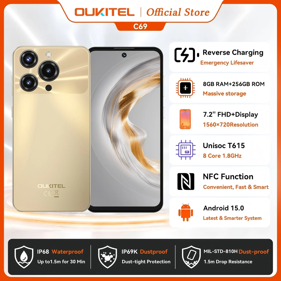 OUKITEL C69 Smartphone 6000mAh, 7.2” HD+ Large Screen 24GB(8+16)+