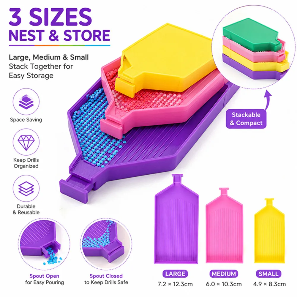 3‑Size Stackable Diamond Painting Drill Tray With Pour Spout Plastic Bead Sorting Trays 5D DIY Diamond Art Accessories Tools