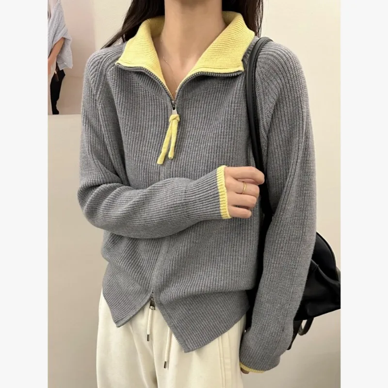 

Loose Stand-up Collar Double Zipper Sweater Jacket for Women Autumn Winter New Versatile Contrasting Color Knitted Cardigan Top