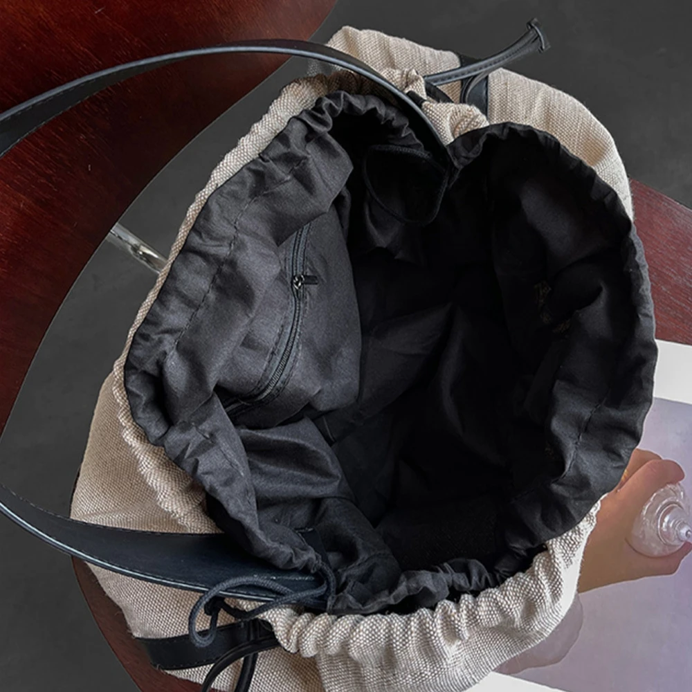 Eco Single Shoulder Women's Canvas Bag Tote Bag PU Bottom Drawstring Crossbody Handbag Large Capacity Daily Travel Shopper Bag