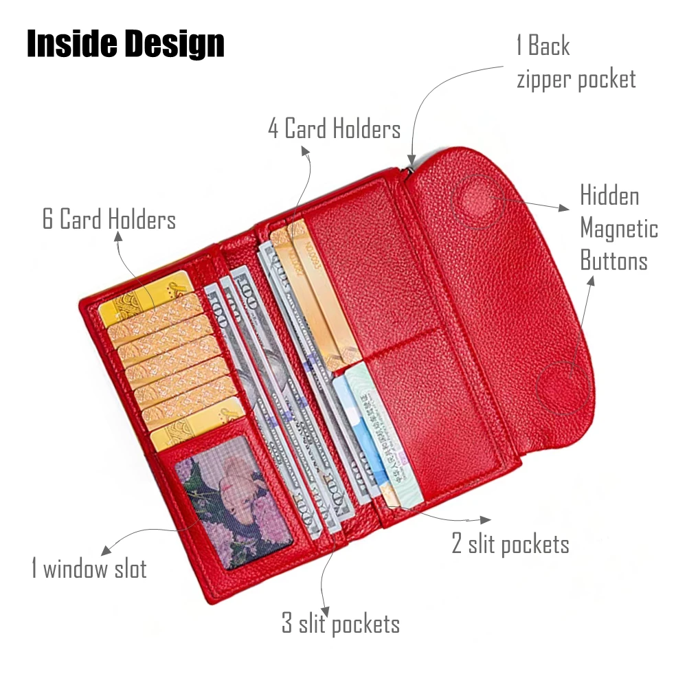 Women's Soft Genuine Cow Leather Coin Purse Tri Fold Long Wallet Patchwork Magnetic Button Card Holder Mobile Wallet Organizers