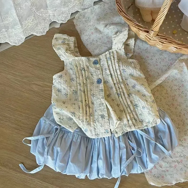 

Cute Baby Girls Floral Clothes Set Summer Tank Skirt 2Piece Suits Korean Style Sweet Girls Loose Tops Vest Skirt Set