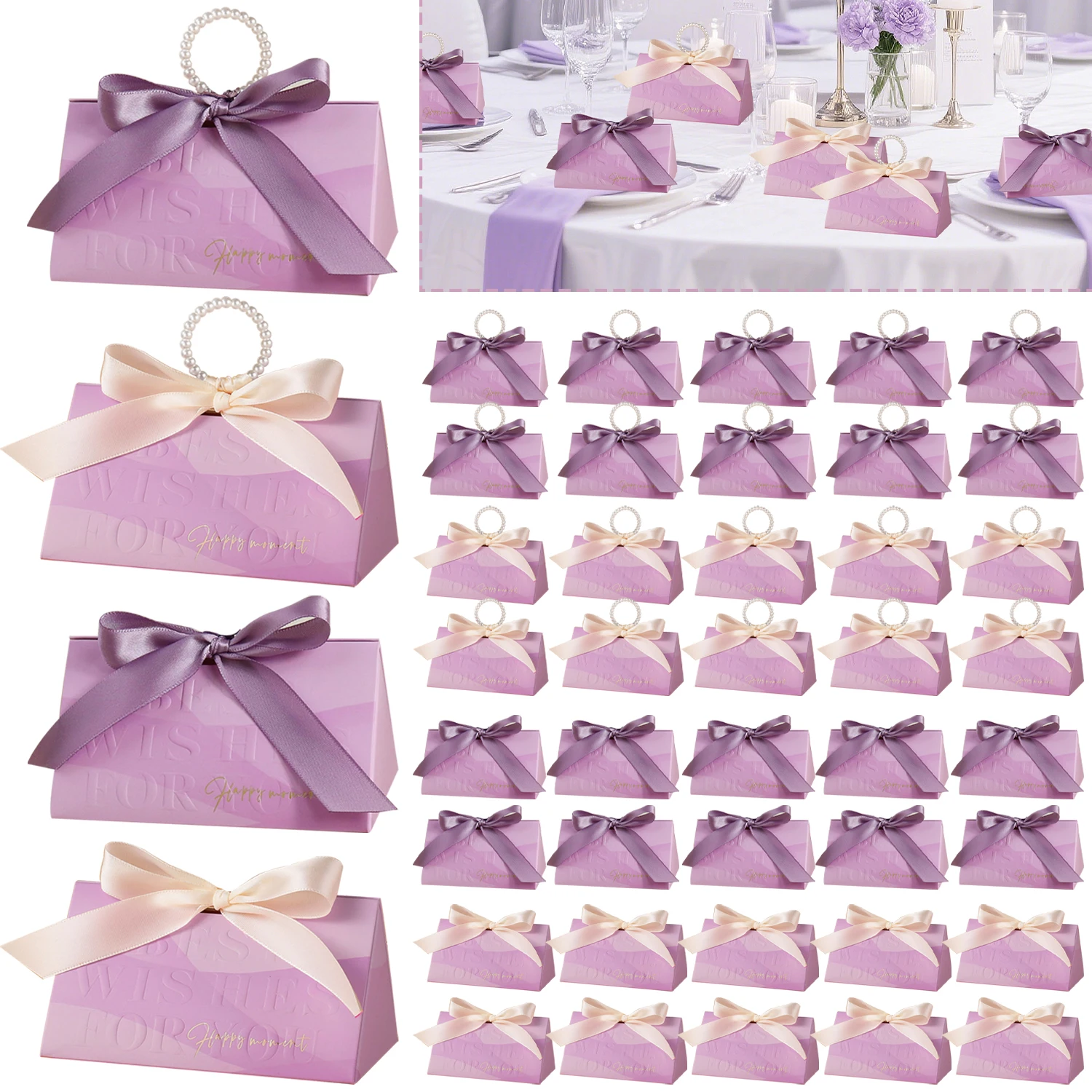 Cajas de dulces de boda con cinta de crema púrpura, caja de regalo triangular en forma de bolsa con mango de perla, estuche de texto en relieve para cumpleaños, 10 Uds.