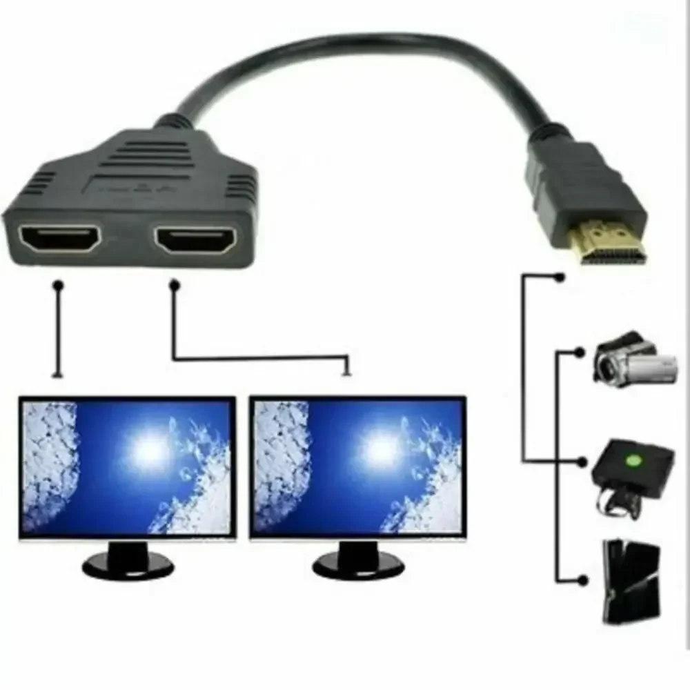 Caliente Compatible con HDMI 2 puerto Dual Y Splitter HD 1080P V1.4 Macho a hembra doble Cable adaptador 1 en 2 de convertidor de Cable de conexión