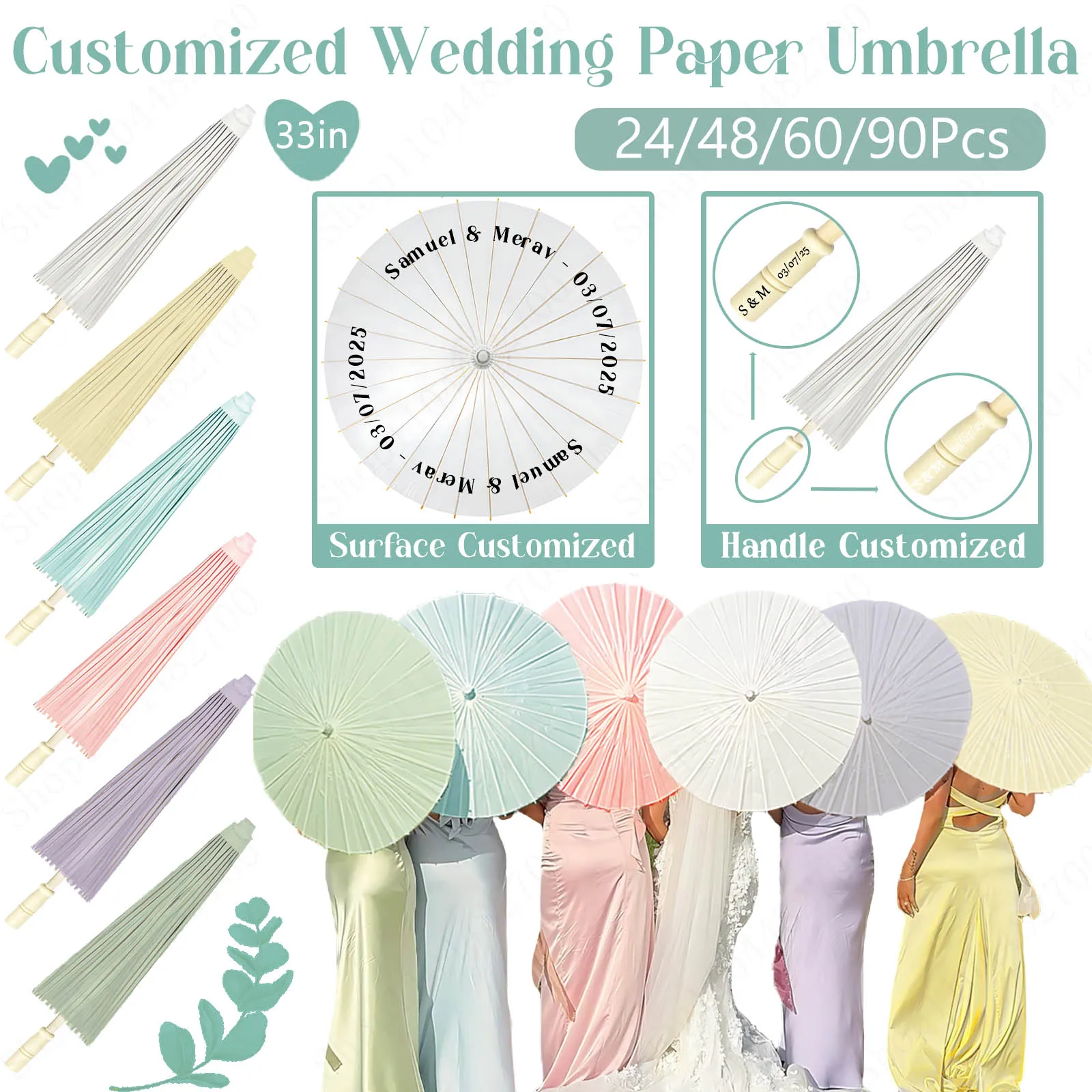 

24-90Pcs 33inch Customized Wedding Paper Umbrellas Colorful Paper Parasol Umbrellas Wedding Party Favor for Guests Wedding Gift