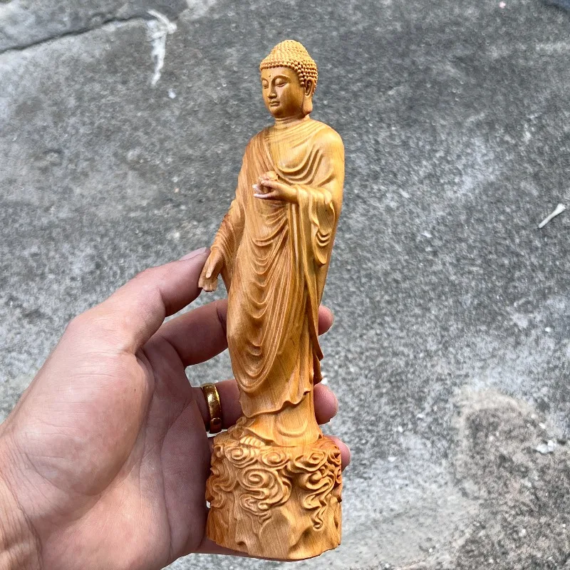 Hand-Carved Cypress Wood Amitabha Buddha Statue - 7.87