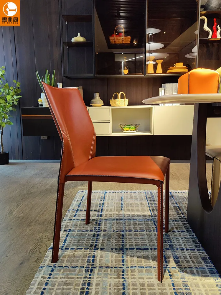 Stackable designer Italian minimalist saddle leather home dining chair, simple and light luxury Nordic high-end internet-famous