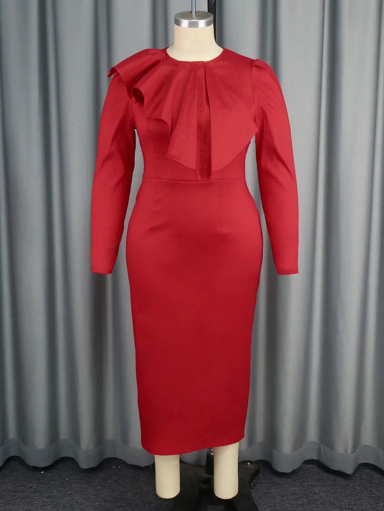 Feminino elegante brilhante vermelho laço outono inverno vestidos em torno do pescoço mangas compridas fino banquete festa de natal roupões de noite plus size