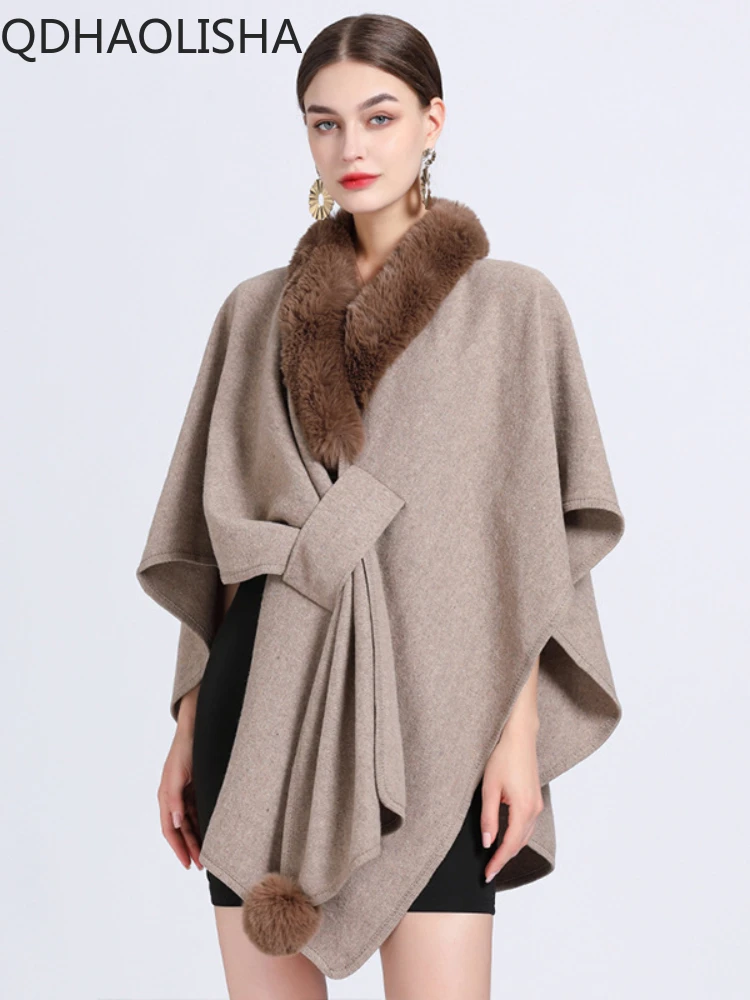 Women Fur Ponchos Coat Knit Cardigan Elegant Casual Fur Collar Shawl Cloak Woolen Coat Oversize Sleeveless Korean Fashion Capes