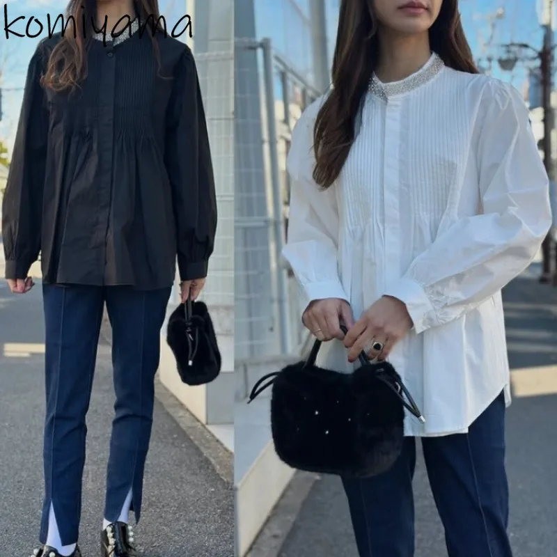 

Pearl Sequin Woman 2025 Shirts & Blouses Stand Collar Blusas Mujer Bubble Sleeve Ropa Loose Clothing Autumn Fashion Camisas