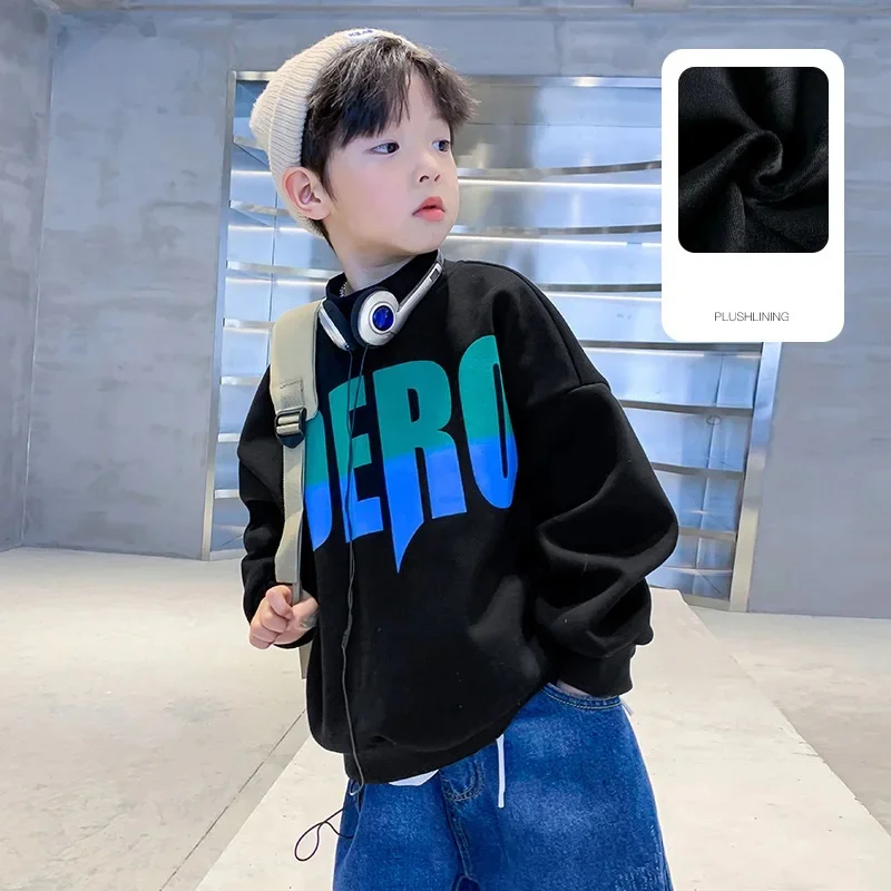 Warm Winter Boys Fleece Lined Half Turtleneck Alphabet Sweatshirt School Kids Track Pullover Coat Tops Child Work Jumper 3-16Yrs