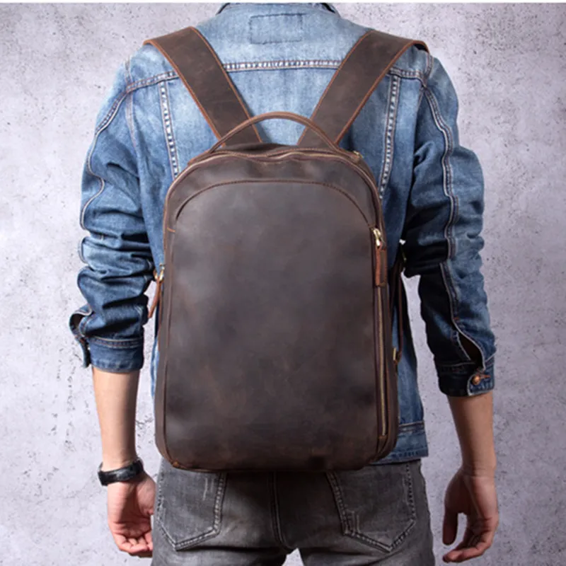 

New personality vintage leather men's backpack cow leather travel backpacks simple fashion computer backpack men schoolbag bags