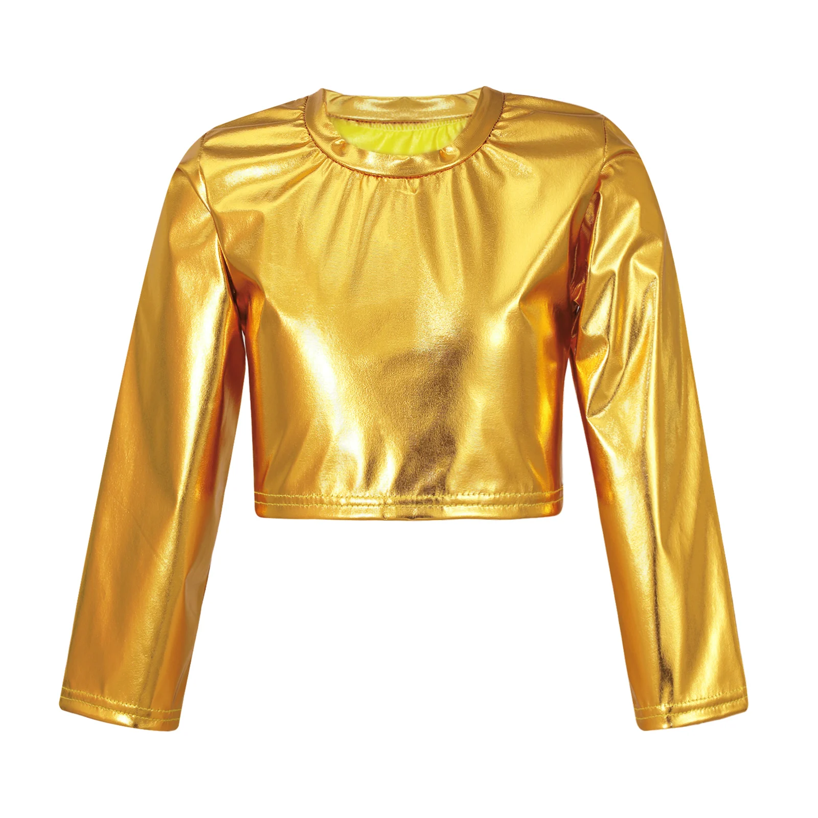 Bambini Jazz Dance Top Performance Kids Girls Boys Shiny Metallic Crop Top t-shirt girocollo manica lunga t-shirt Top Costumes