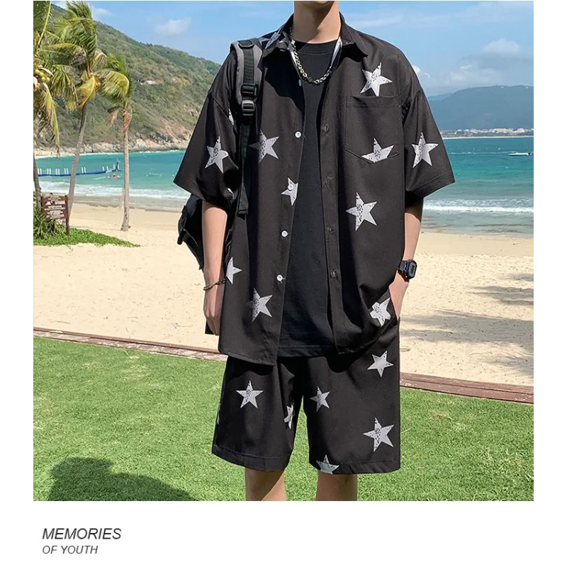 قصيرة الأكمام الصيف تنفس وسيم عارضة دعوى قميص الرجال السراويل فضفاضة قطعتين مجموعة العصرية