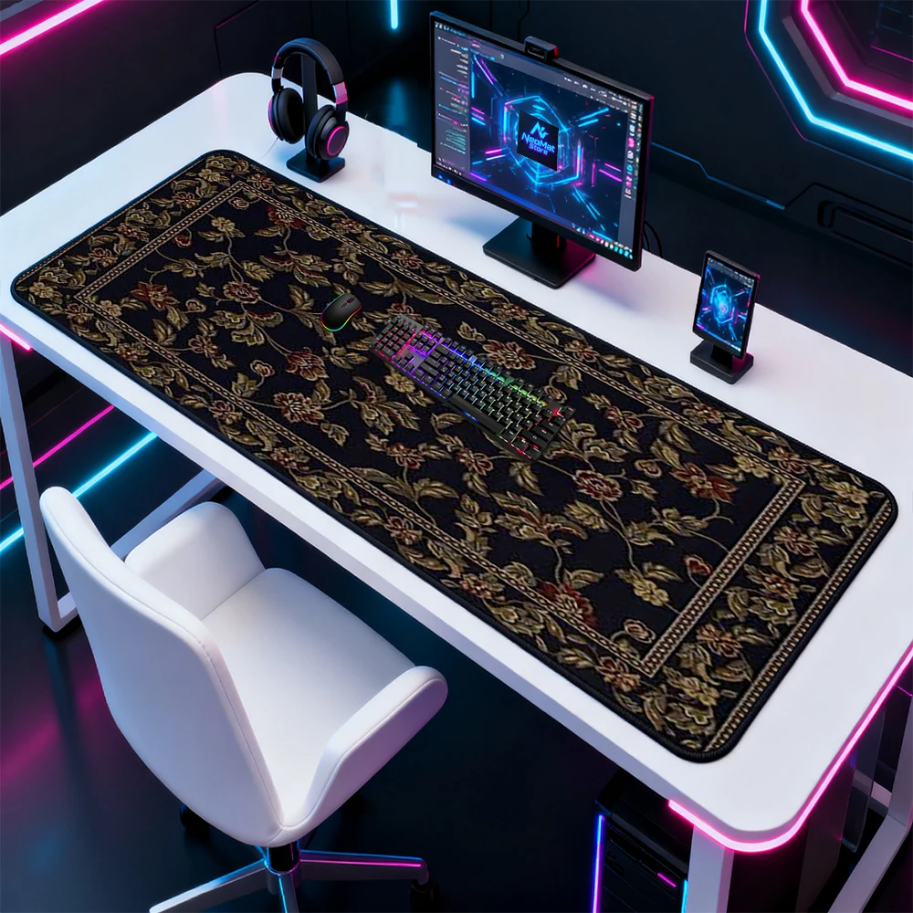 Floral Mouse Pad Gaming Desk Mat 160x60 Pattern Vintage Black Gold Garden 5mm Thick Elegant Accessories Full Desk