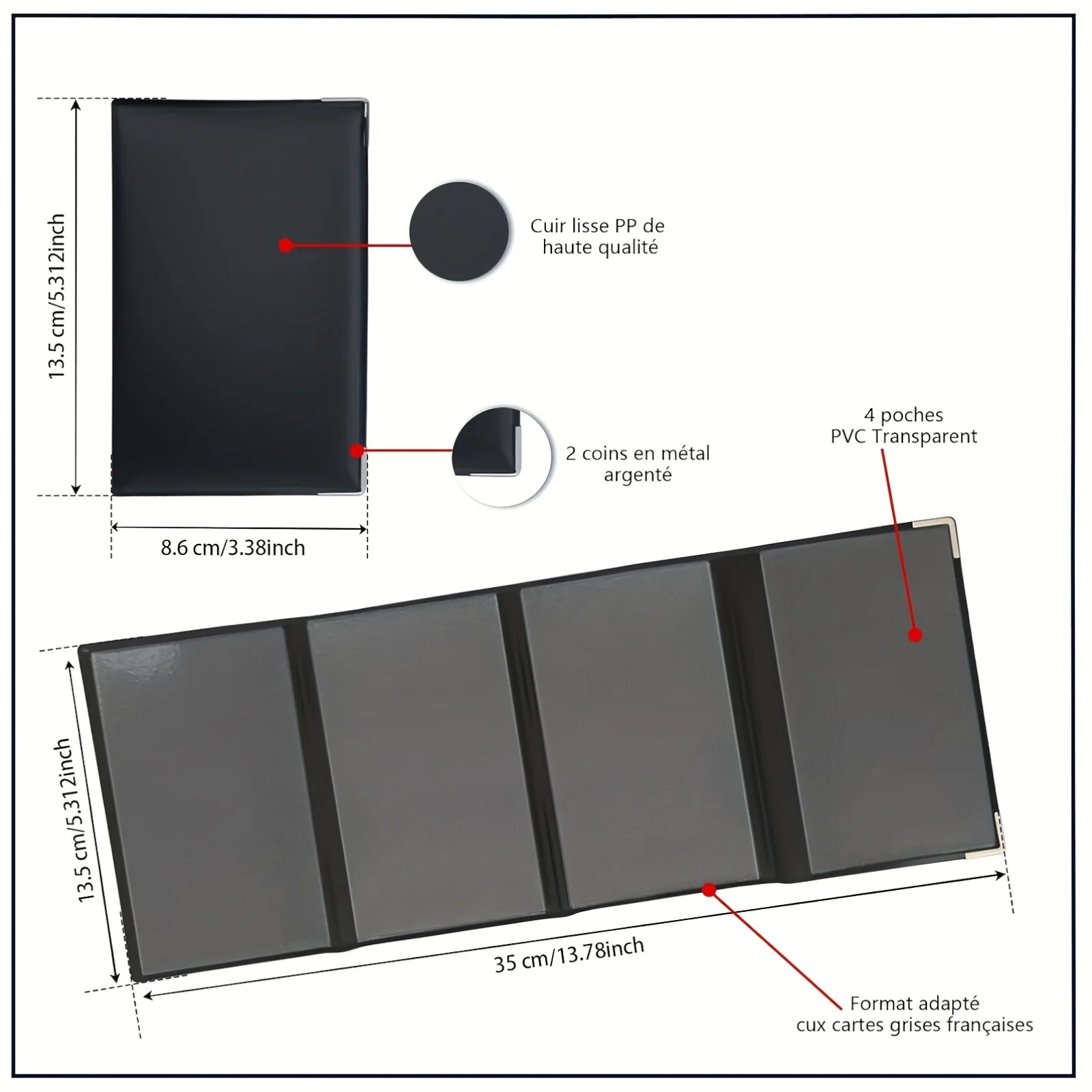 حامل بطاقات أسود مكون من 4 أضعاف في وثيقة السيارة المصنوعة من الجلد المقلد وحامل التأمين والترخيص - أنيق وصغير الحجم ومتين