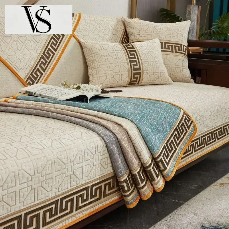 Four Universal Seasons Chenille Sofa Cover Pad Sofa Solid Color Striped Mat for Room Living Non-Slip L Shaped Cushion Couch