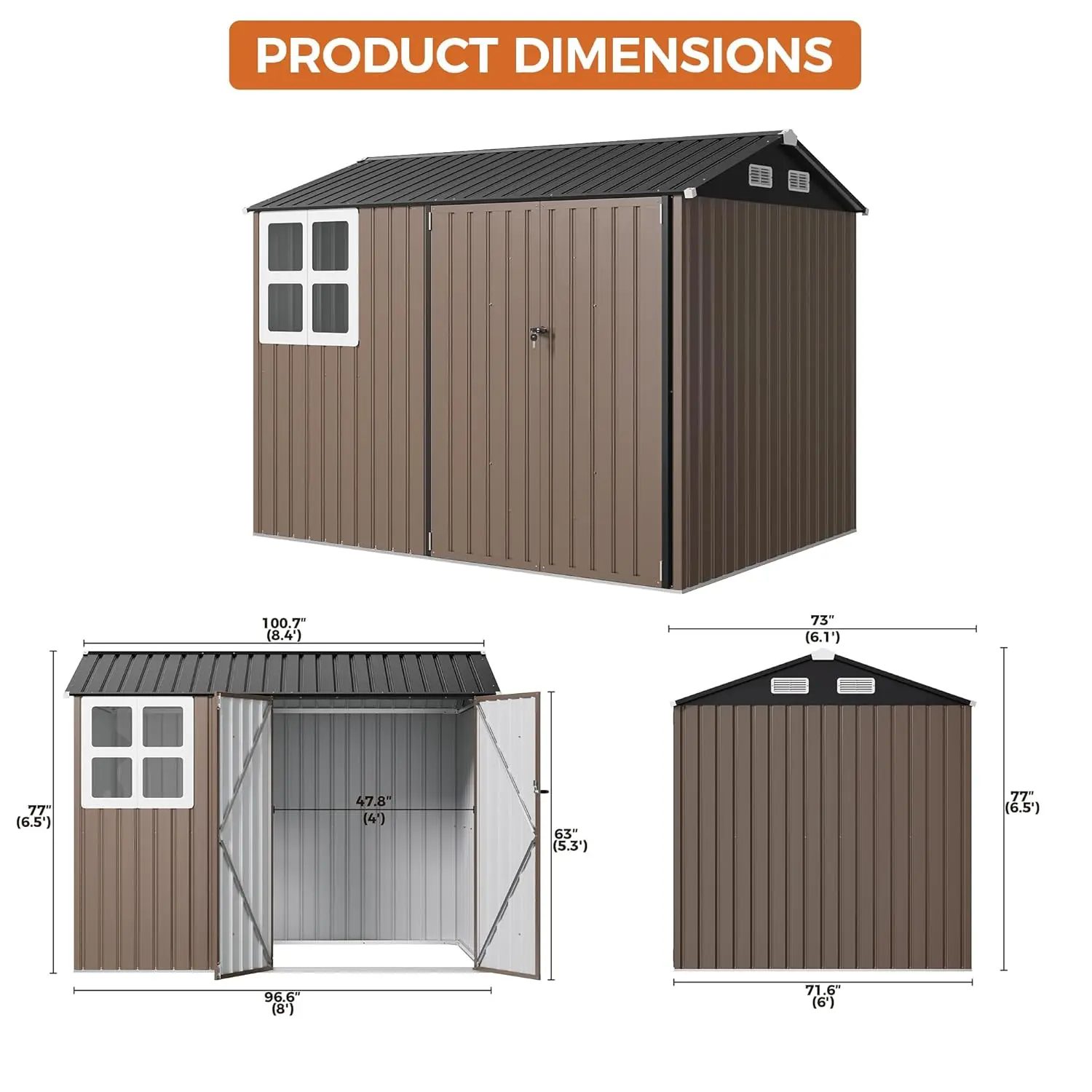 8x6FT Outdoor Storage Shed with Clear Window, Tool Shed with Breathable Vent and Lockable Doors, Customized