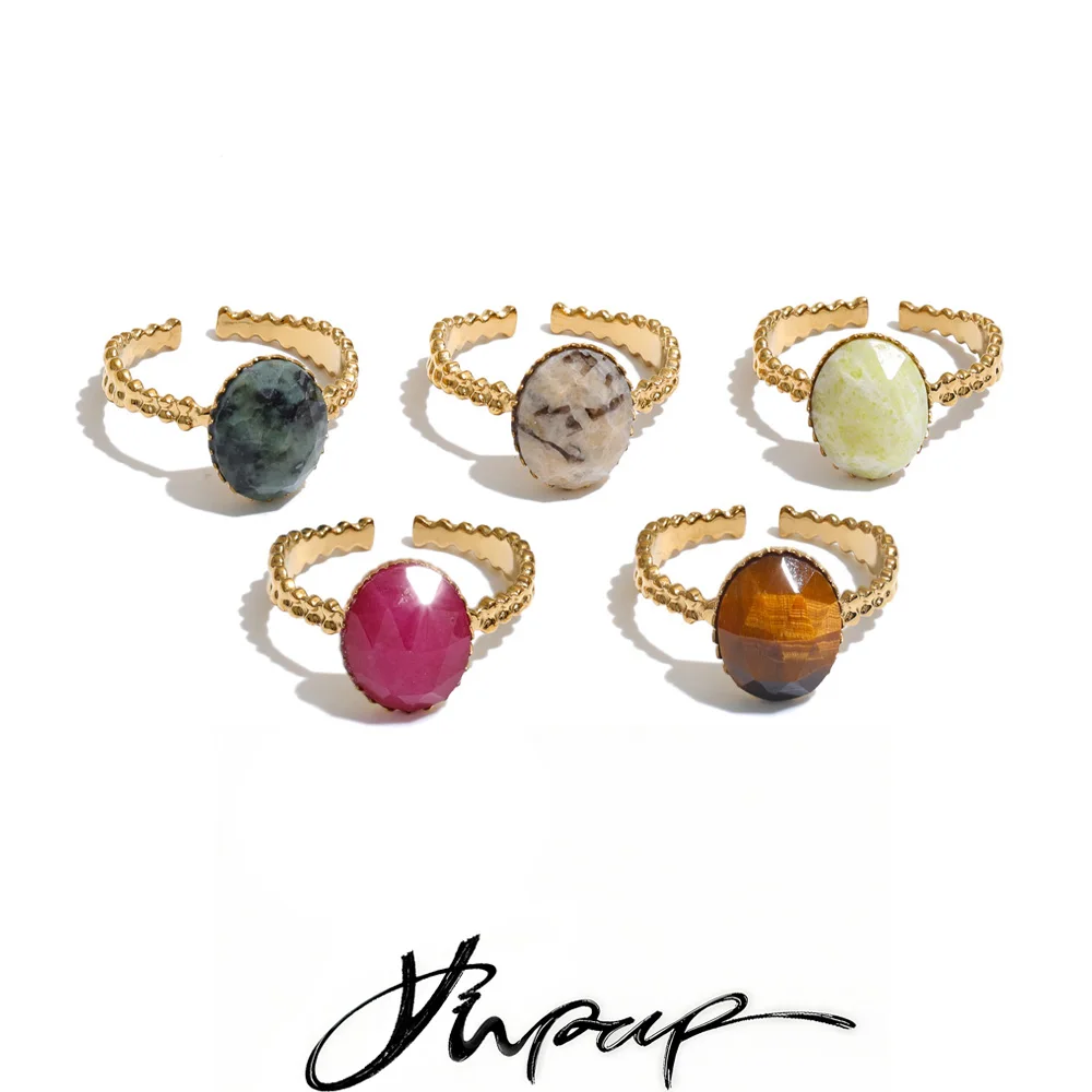 Yhpup Edelstahl Verstellbarer Offener Ring Naturstein Oval Goldfarben Vintage Schicker Schmuckzubehör