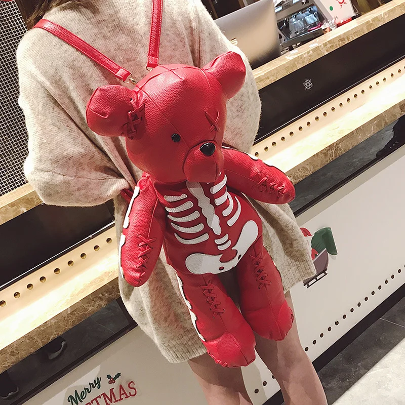 62cm Skeleton Bear Female Backpack Designer Casual Personality Skull Stitches Backpack Doll Cute Red Black Bears School Bag