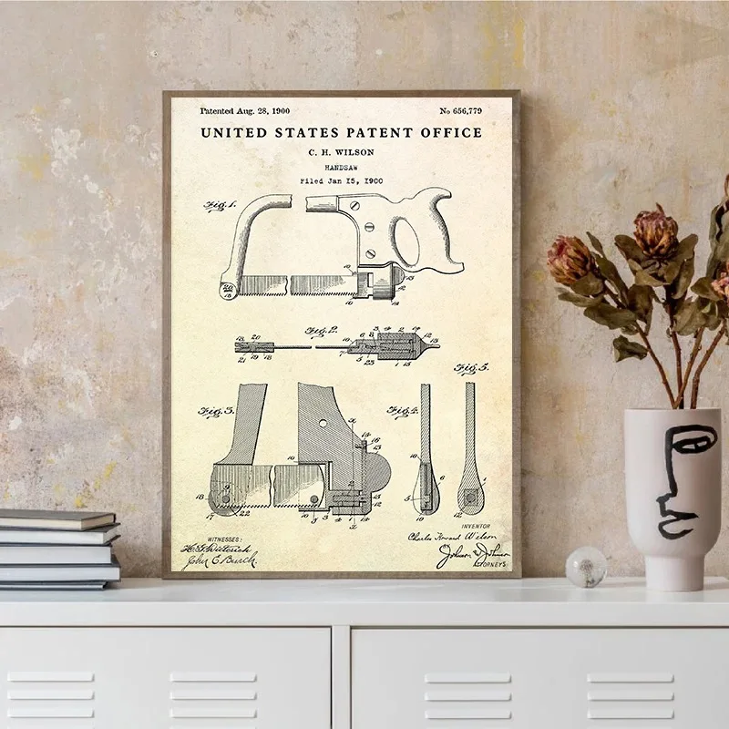 Vintage Tool Blueprint Poster Artery Forceps Pipe Cutter, Paint Brush Surgical Tools Canvas Print Garage Man Cave Wall Art Decor