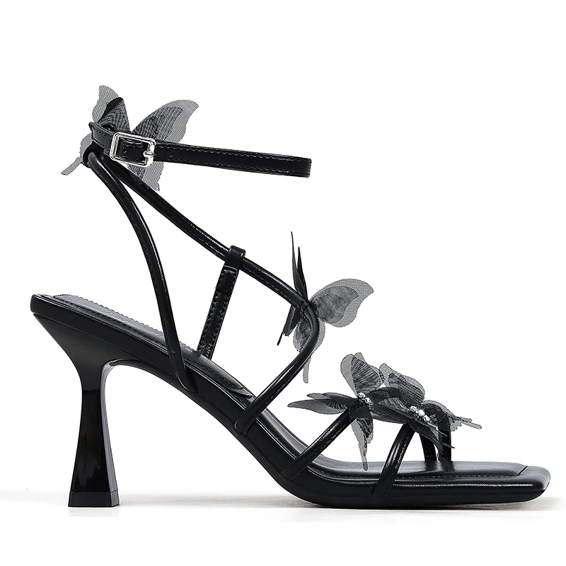 Summer New Black Women's High-heeled Sandals Thin-heeled Open-toed Butterfly Flower Diamond One-word Belt Fashion Women's Shoes