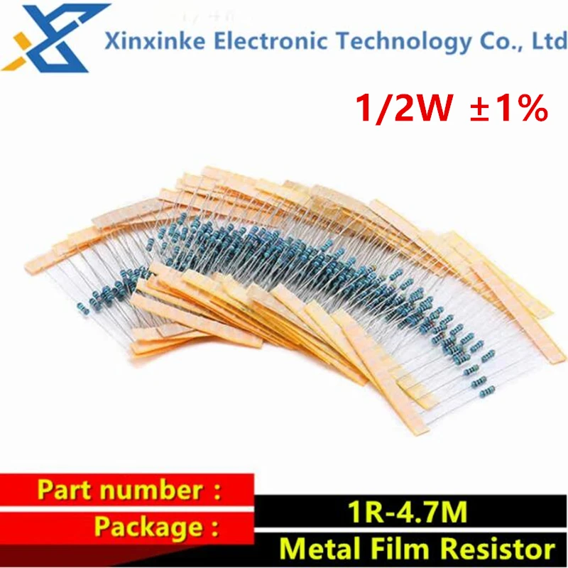 50PCS 1R-4.7M 1/2W ±1% Metal Film Resistance Resistors 1.3R 20R 12R 36R 110R 220R 2K 5.1K 47K 220K 620K 820K 2.2M 3.3M 4.7M