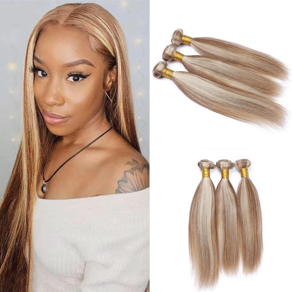 

Highlight Hair Weave Bundles with No Closure Brazilian Remy Straight Honey Blonde Hair Extensions Weft for Women 3Pcs/Lot