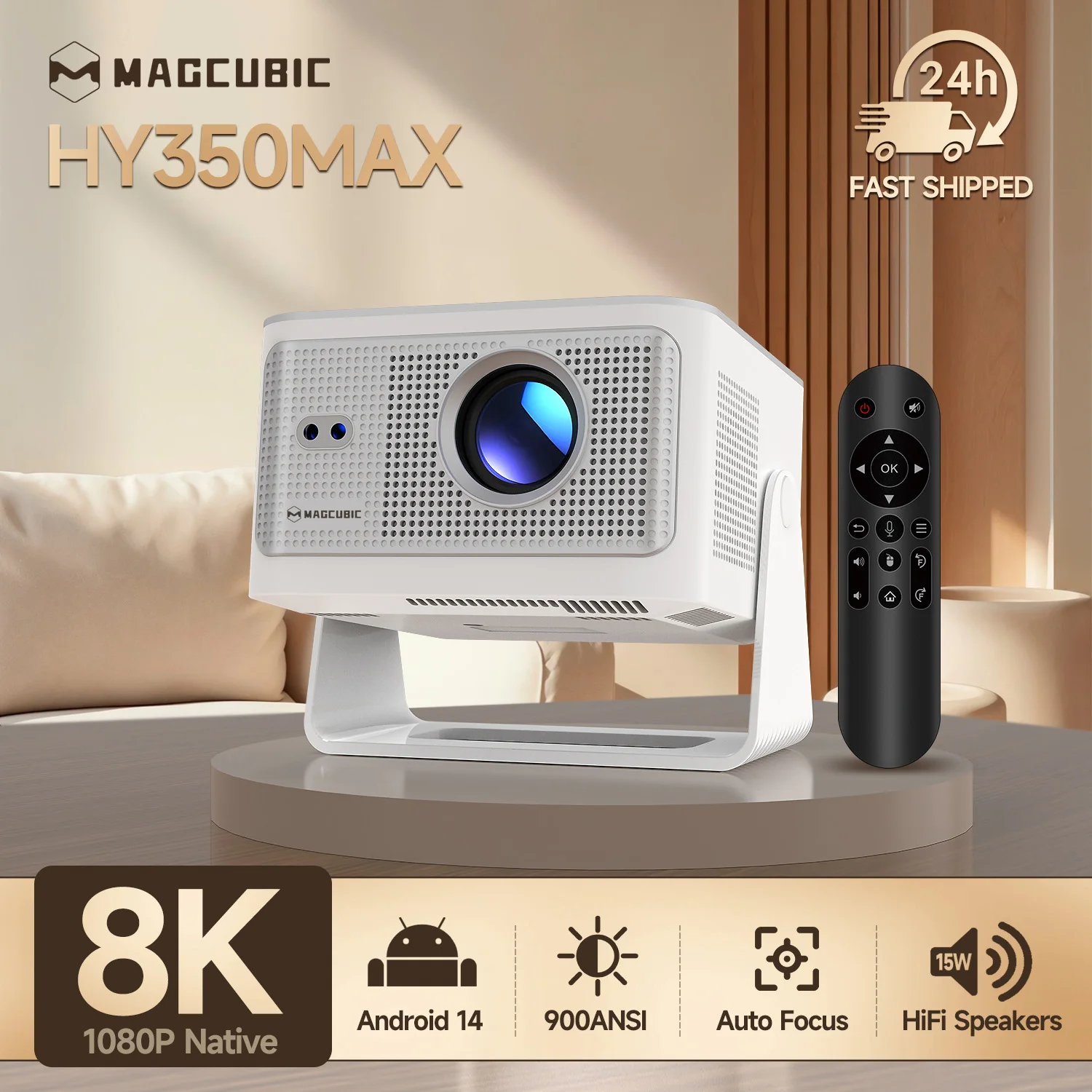 Magcubic HY350Max Android 14 Projektor mit Autofokus und Sprachsteuerung, Native 1080P, 8K-Unterstützung, WiFi 6, BT 5.4, 2+16 GB