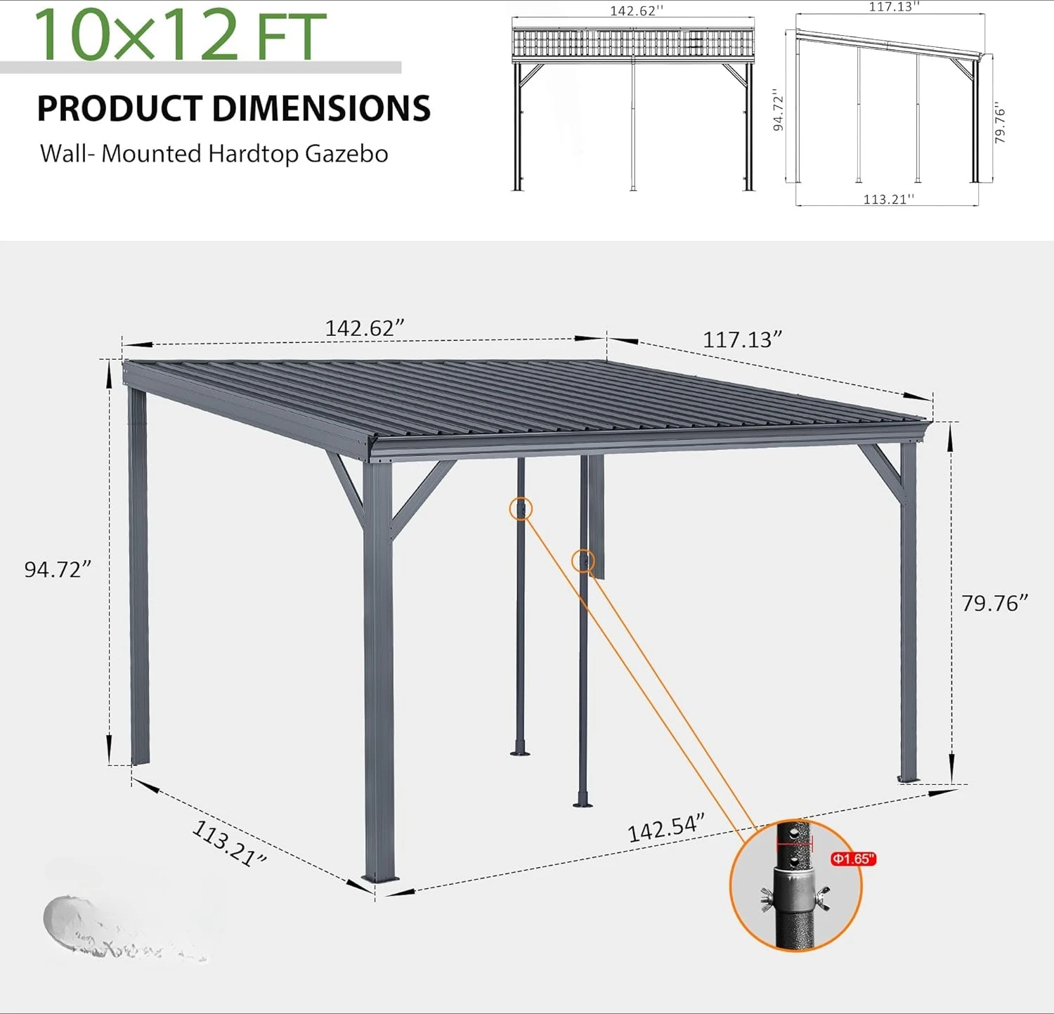 10'x12' Wall Mounted Hardtop Gazebo, Connectable Lean To Pergola with Gutters & Galvanized Steel Roof,Heavy Duty Metal Awning