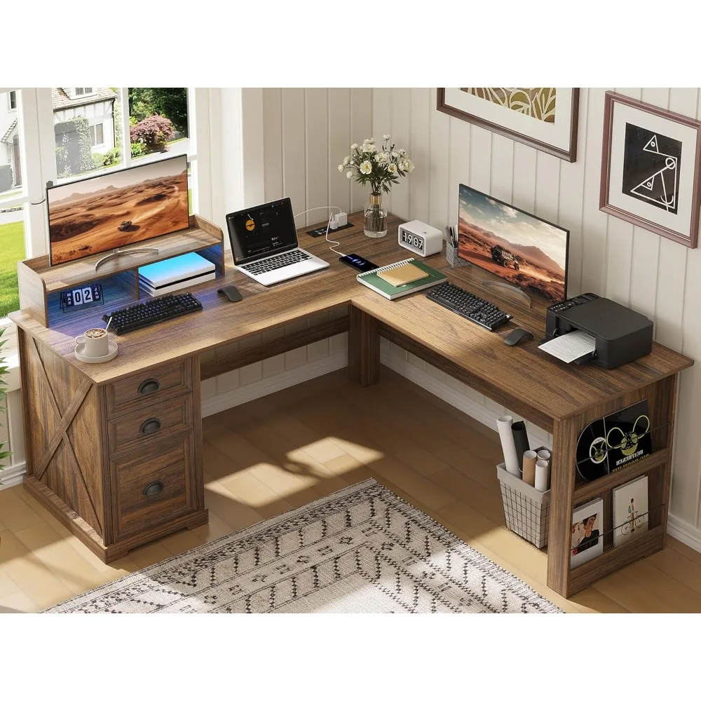 

Executive L Shaped Desk with Monitor Stand, 59 inch Farmhouse Corner Computer Desk with Power Outlets & LED Lights, Home Office