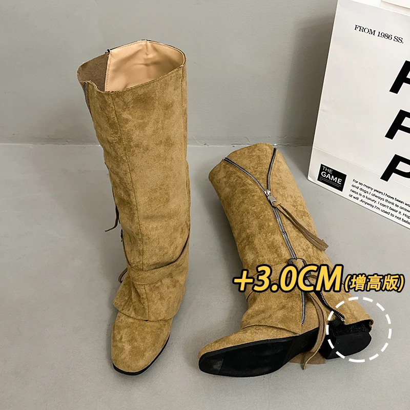 Vintage Zipper - ウエスタンカウボーイニーハイブーツ トレンディで超クールなジッパー付き ヴィンテージ風 ポインテッドトゥ スリム効果のあるチャンキーヒール ベルトバックル付き