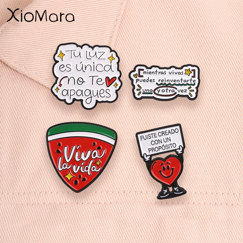 Viva La Vida Enamel Badge Spanish Inspirational Quote Pins Watermelon Latin Affirmation Motivational Pins Lapel Brooches Jewelry