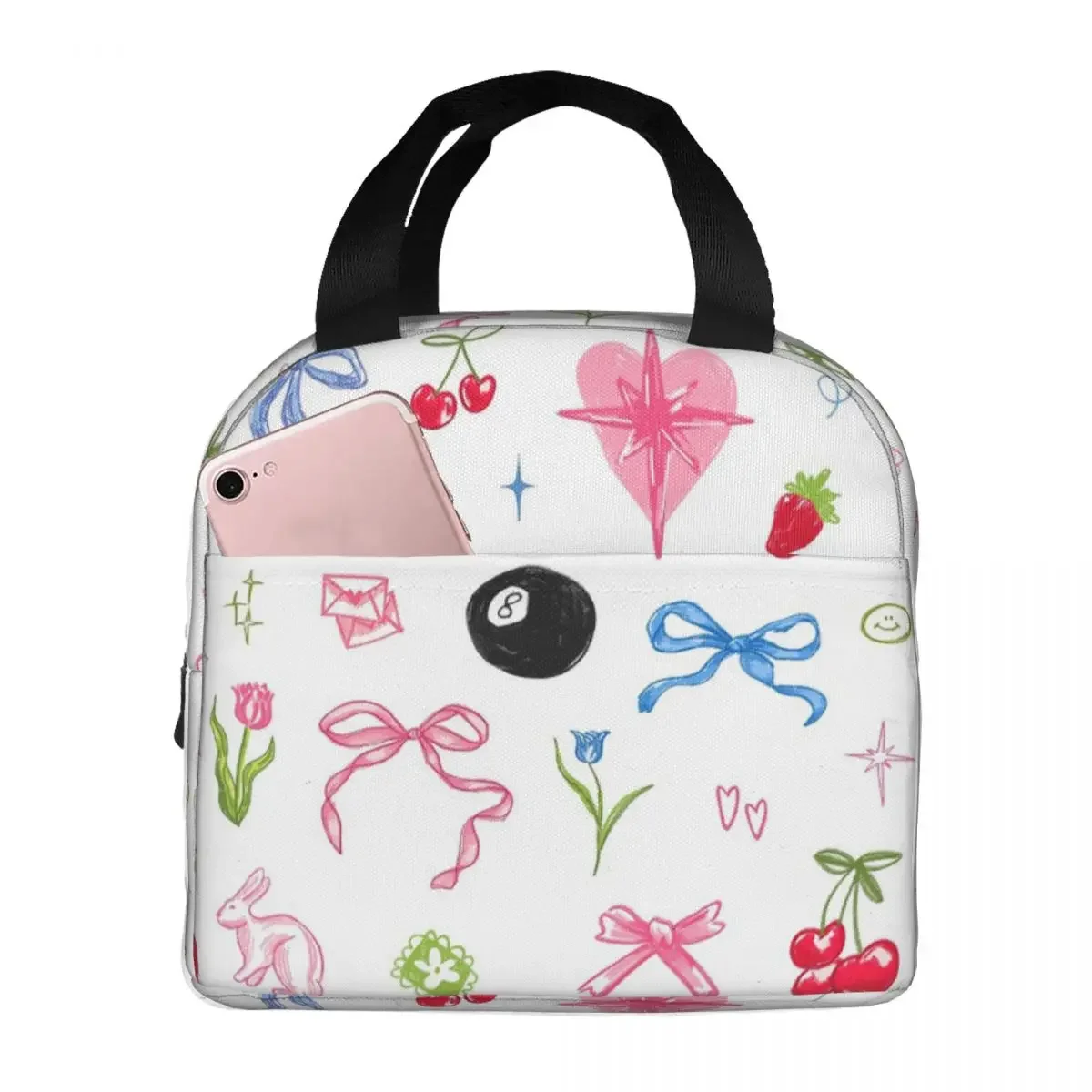 Various Pink Colorful Bow Tie Pattern Insulated Lunch Bag for Kids School Cooler Thermal Food Box Tote Lunch Boxes Container
