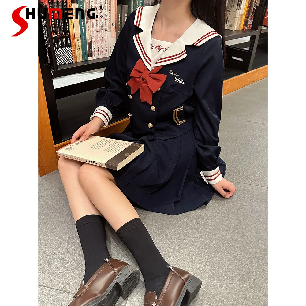 

Japanese Sweet Preppy Style JK Uniform Top Embroidered Sailor Collar Bow Double-breasted Long Sleeve Short Shirts Women Autumn