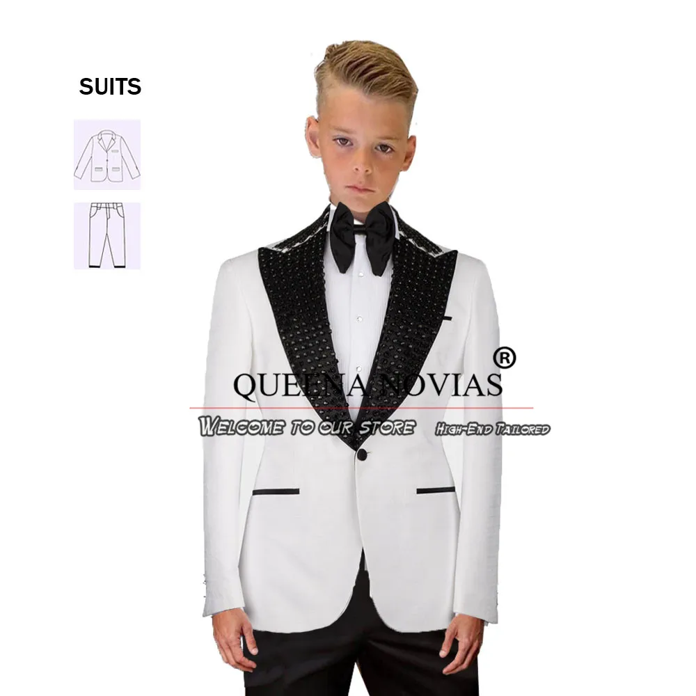 Luxury White Tuxedo With Stone Lapel Embroidery Jacket Pants 2 Pieces Boy Suits For Wedding Tailored Made Children Clothing 2024