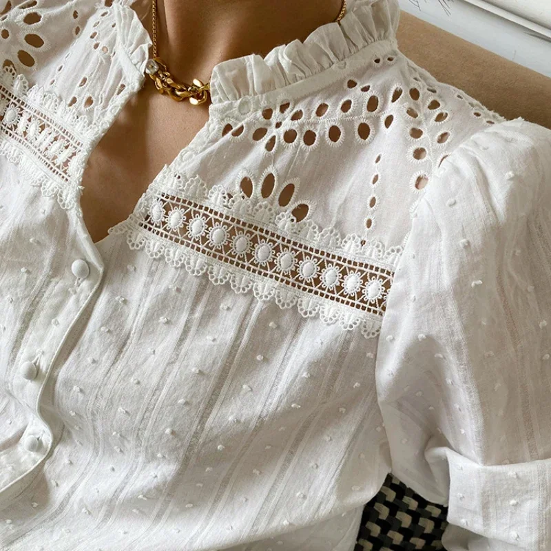 

Шикарная белая блузка с вышивкой и оборками, с вырезами, 2024, женская, весна-лето, в французском стиле, рубашка, женская одежда