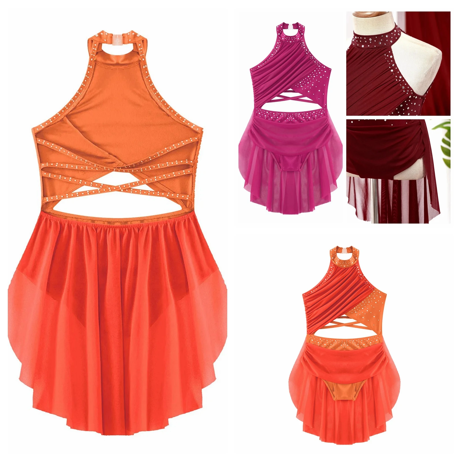 Children Modern Lyrical Dance Costume Girls Ballet Dress Sheer Mesh Leotard Dress Tutu Skating Dress Kids Performance Dress